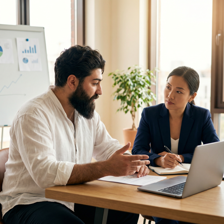 Einzel- und Kleinunternehmen Hände, die Notizen auf einem Tisch mit Laptops und Stiften machen. IT Beratung Einzel- und Kleinunternehmen